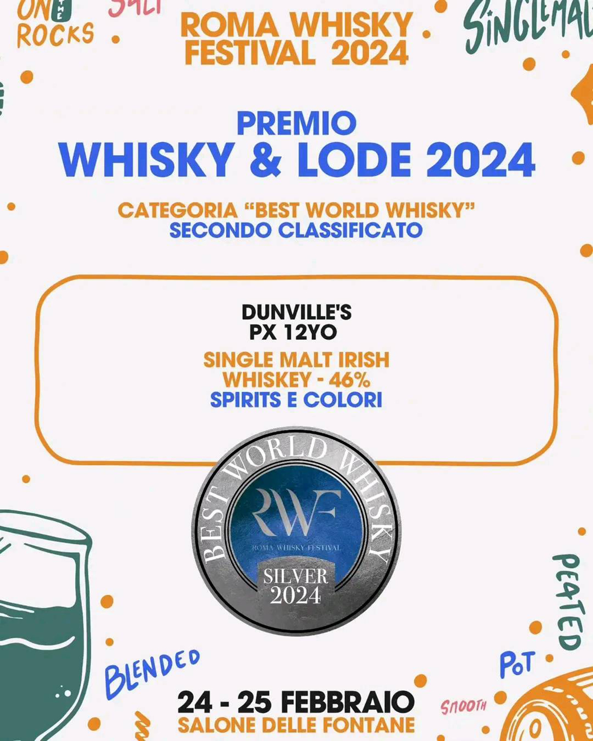 Spirits&Colori al Roma Whisky Festival lancia nuovi whisky e vince la medaglia d'argento con Dunville's PX 12 anni
