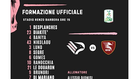 Palermo - Salernitana, le formazioni ufficiali. Brunori dal 1'