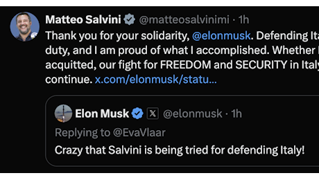 Open Arms, Elon Musk difende Salvini su X: “Assurdo il processo per aver difeso l’Italia”, il ministro: “Orgoglioso di ciò che ho fatto”