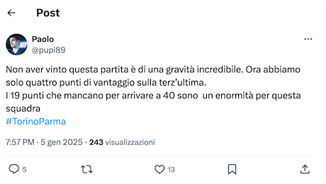 Torino-Parma 0-0, le reazioni social:”Non aver vinto questa partita è grave”