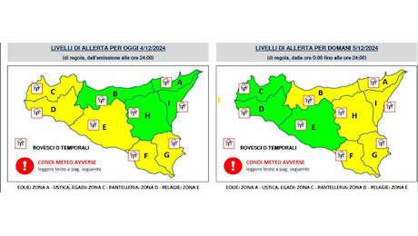 Bollettino meteo della Protezione civile Regione Siciliana - Per la giornata di oggi 4 dicembre e domani 5 dicembre 2024.