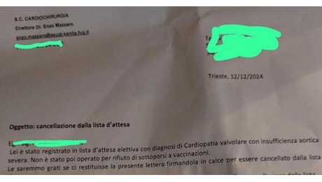 Ospedale di Trieste annulla operazione al cuore a cardiopatica senza vaccino Covid con insufficienza aortica severa, cancellato dalla lista d’attesa