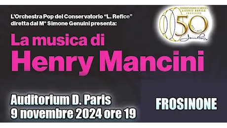 Frosinone. La Refice Pop Orchestra celebra Henry Mancini. Sabato 9 Novembre un concerto imperdibile al Conservatorio