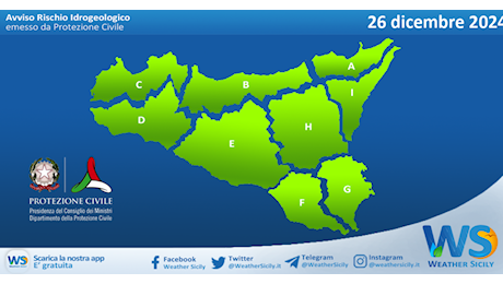 Meteo Sicilia: bollettino di allerta meteo per domani, giovedì 26 dicembre 2024